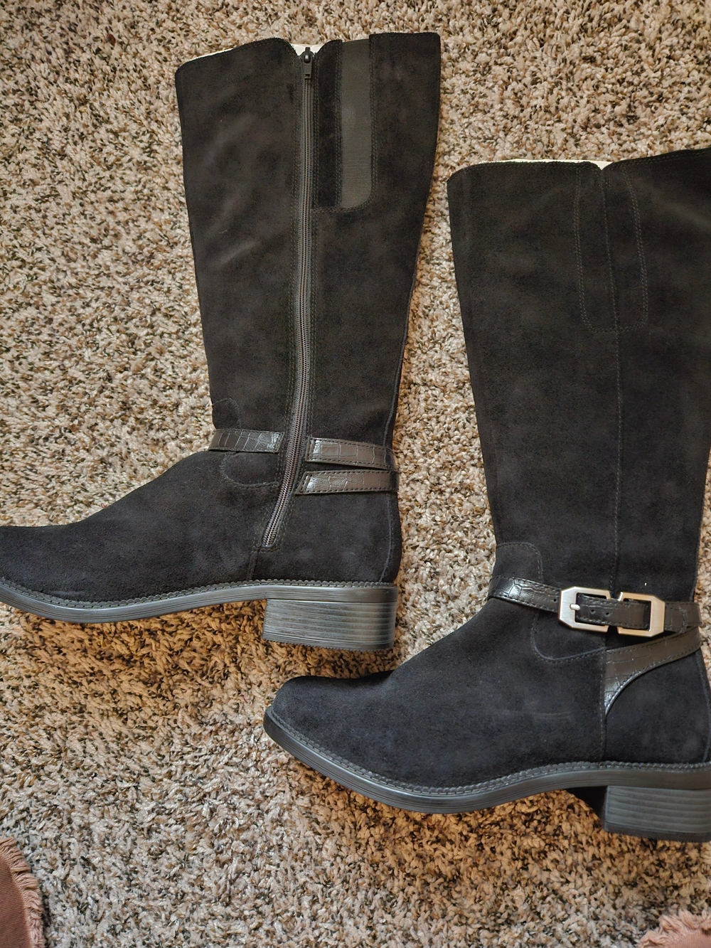 Clarks Black Suede Knee-High Boots with Buckle Strap